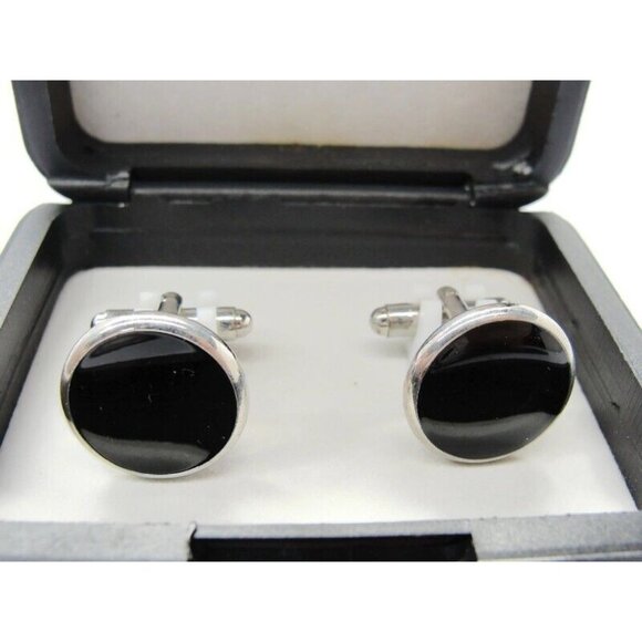 Tuxedo Junction Round Cufflinks Black & Silver Tone New IOB - Picture 10 of 10